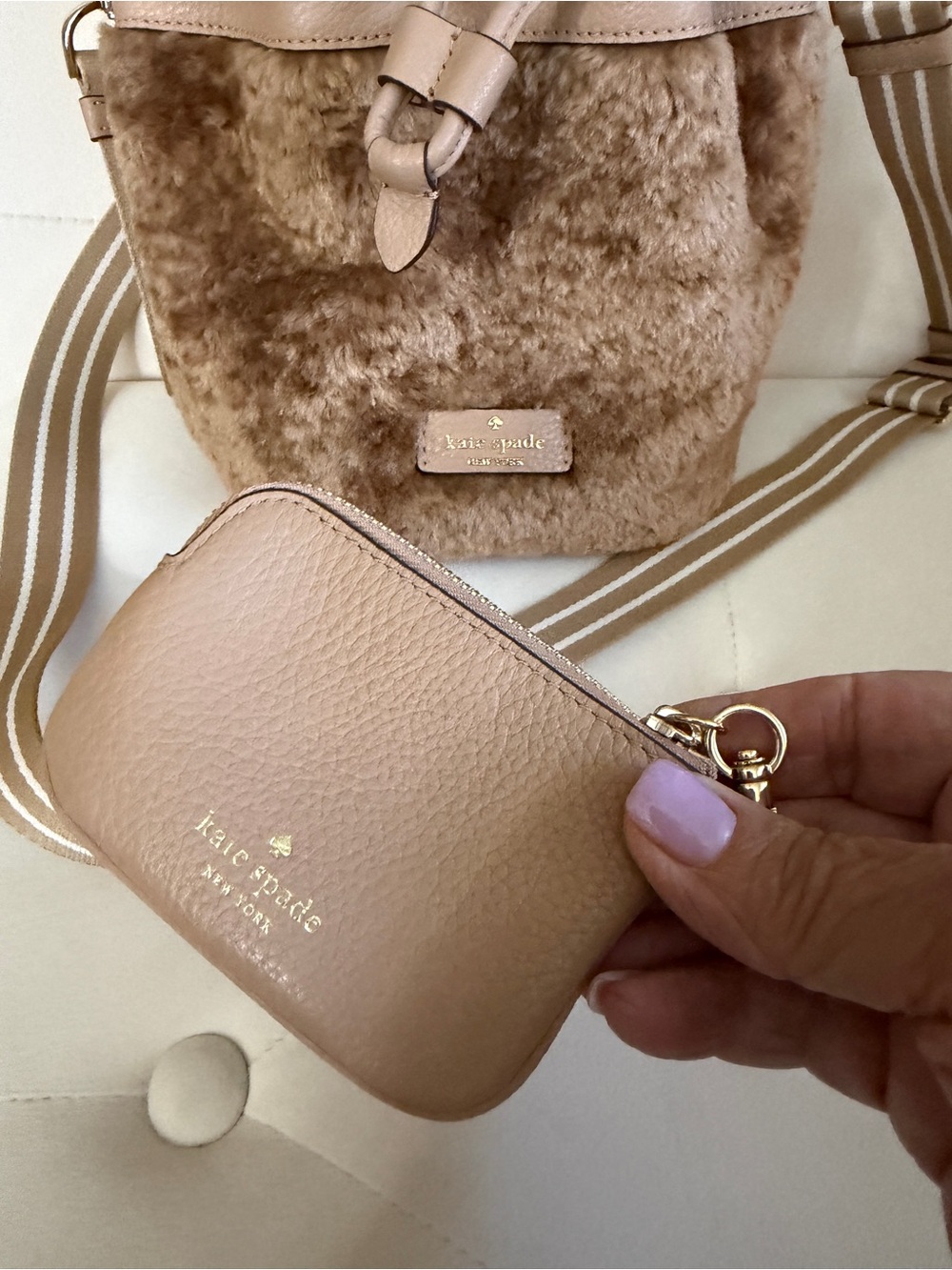 kate spade Brown Faux Fur Drawstring Crossbody w/Striped Strap with coin purse - Picture 4 of 9